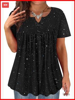 Plus Size Henley Tunic Top Short Sleeve Swing Blouse
